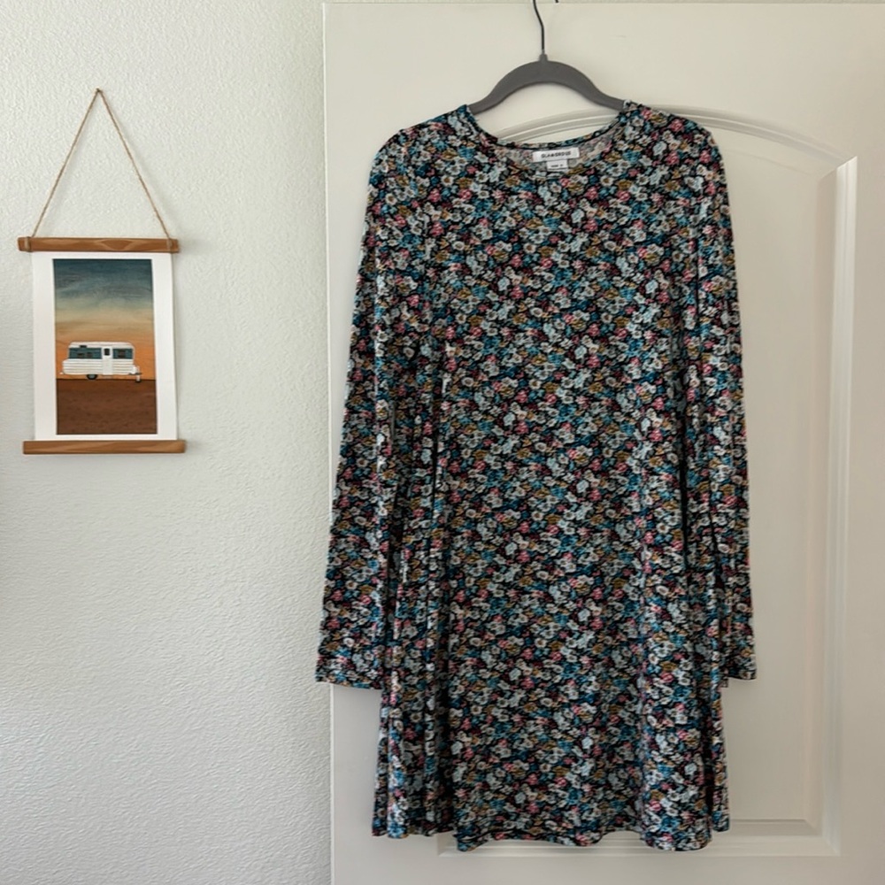 Cutesy, Floral Jersey-Feel A-Line Long Sleeve Dress
